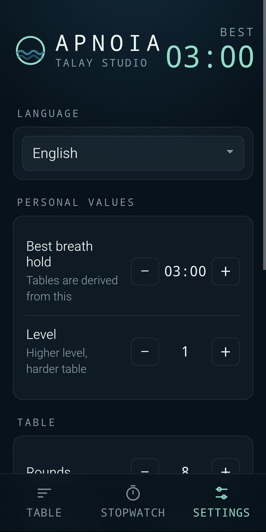 Apnoia settings screen